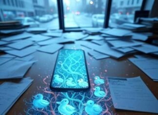 10 Best New Apps of 2025: Revolutionizing Mobile Innovation Holographic glitchy vines with rubber duckies spilling from a smartphone on a messy Seattle desk, rainy cityscape visible through window.
