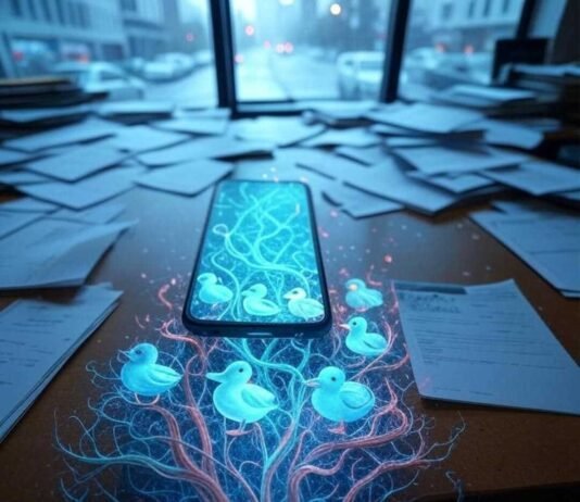10 Best New Apps of 2025: Revolutionizing Mobile Innovation Holographic glitchy vines with rubber duckies spilling from a smartphone on a messy Seattle desk, rainy cityscape visible through window.