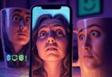 Best AI Face Swap Apps That’ll Blow Your Mind A glowing smartphone screen mid-face swap with a distorted face reflected in a nearby coffee mug, surrounded by subtle binary code and floating pixelated smiley faces, in a blurred photorealistic style with neon purples, greens, and pastel pinks.