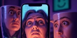 Best AI Face Swap Apps That’ll Blow Your Mind A glowing smartphone screen mid-face swap with a distorted face reflected in a nearby coffee mug, surrounded by subtle binary code and floating pixelated smiley faces, in a blurred photorealistic style with neon purples, greens, and pastel pinks.