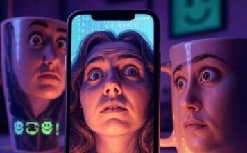 Best AI Face Swap Apps That’ll Blow Your Mind A glowing smartphone screen mid-face swap with a distorted face reflected in a nearby coffee mug, surrounded by subtle binary code and floating pixelated smiley faces, in a blurred photorealistic style with neon purples, greens, and pastel pinks.