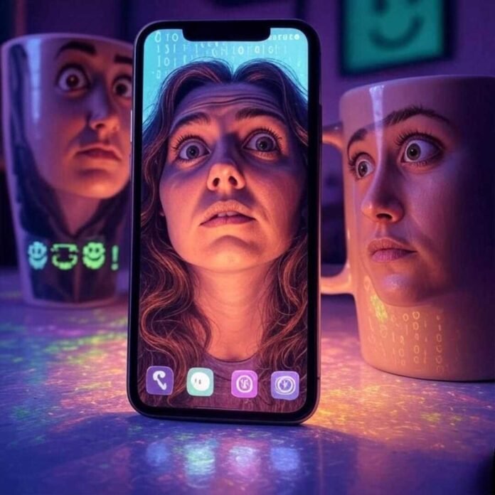 A glowing smartphone screen mid-face swap with a distorted face reflected in a nearby coffee mug, surrounded by subtle binary code and floating pixelated smiley faces, in a blurred photorealistic style with neon purples, greens, and pastel pinks.