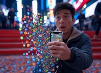 Most Downloaded Apps U.S. 2025: Discover the Top Mobile Downloads "Glitchy Times Square scene with app icons spilling from a shaky hand."