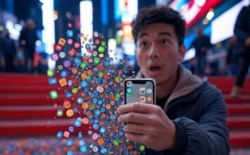 Most Downloaded Apps U.S. 2025: Discover the Top Mobile Downloads "Glitchy Times Square scene with app icons spilling from a shaky hand."