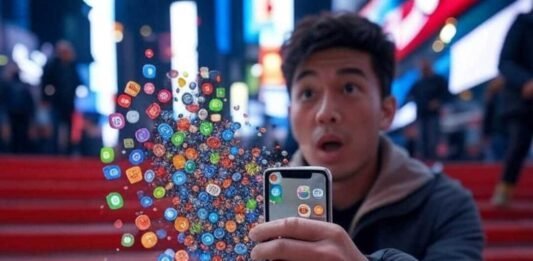 Most Downloaded Apps U.S. 2025: Discover the Top Mobile Downloads "Glitchy Times Square scene with app icons spilling from a shaky hand."