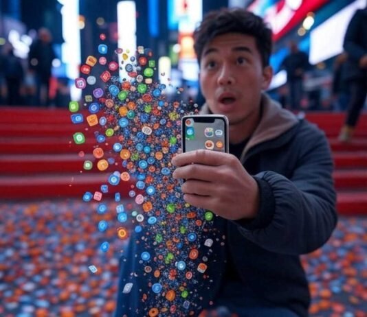 Most Downloaded Apps U.S. 2025: Discover the Top Mobile Downloads "Glitchy Times Square scene with app icons spilling from a shaky hand."