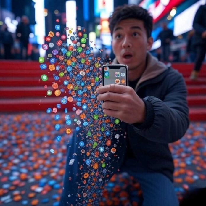 "Glitchy Times Square scene with app icons spilling from a shaky hand."