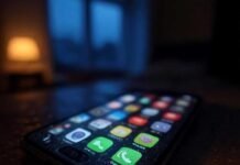 Trending Mobile Apps You Need to Try Before Everyone Else "Blurry neon app icons on a tilted, coffee-stained phone, surrounded by snack crumbs, captured mid-scroll in a rainy US apartment."