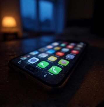 Trending Mobile Apps You Need to Try Before Everyone Else "Blurry neon app icons on a tilted, coffee-stained phone, surrounded by snack crumbs, captured mid-scroll in a rainy US apartment."