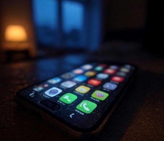 Trending Mobile Apps You Need to Try Before Everyone Else "Blurry neon app icons on a tilted, coffee-stained phone, surrounded by snack crumbs, captured mid-scroll in a rainy US apartment."