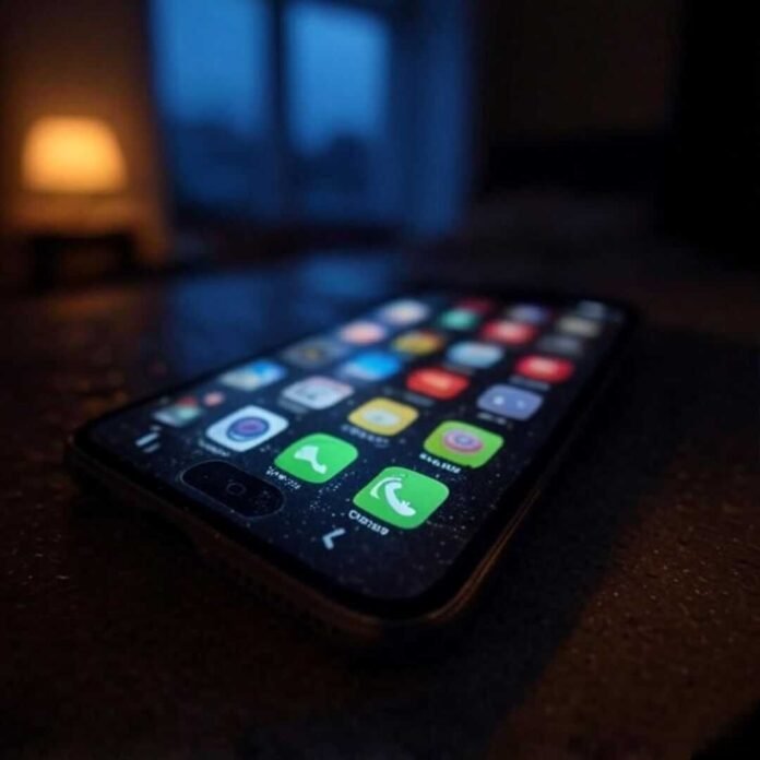 "Blurry neon app icons on a tilted, coffee-stained phone, surrounded by snack crumbs, captured mid-scroll in a rainy US apartment."