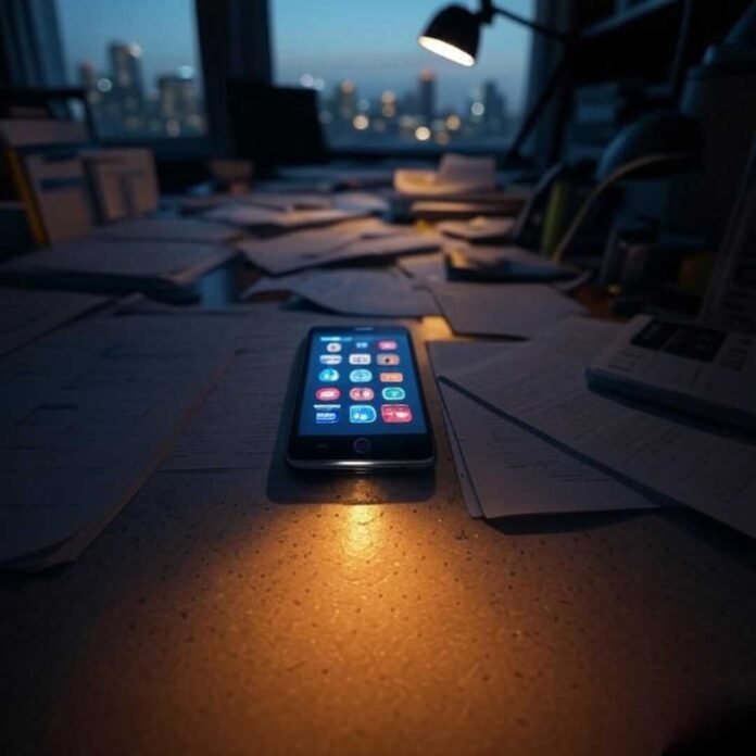 "Cluttered Seattle desk with glowing Android phone, quirky apps, chaotic 2025 lifeline"