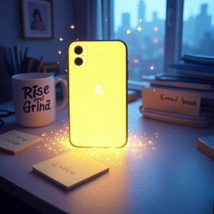 A grainy photo of an iPhone displaying a chaotic Todoist list with tasks like “Buy cat litter” and “Email Sarah about collab,” resting on a desk with a coffee stain and a neon yellow highlighter, captioned "My Todoist, holding my life together (barely)."