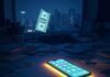 10 Million-Dollar App Ideas That Became Reality Late-night brainstorming in a cramped apartment: a cluttered desk glows under a smartphone's bright screen, a dollar bill floats mysteriously in the dim light, with a dreamlike city skyline in the distance.