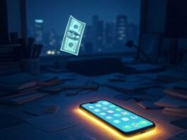 10 Million-Dollar App Ideas That Became Reality Late-night brainstorming in a cramped apartment: a cluttered desk glows under a smartphone's bright screen, a dollar bill floats mysteriously in the dim light, with a dreamlike city skyline in the distance.