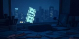 10 Million-Dollar App Ideas That Became Reality Late-night brainstorming in a cramped apartment: a cluttered desk glows under a smartphone's bright screen, a dollar bill floats mysteriously in the dim light, with a dreamlike city skyline in the distance.