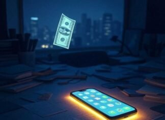 10 Million-Dollar App Ideas That Became Reality Late-night brainstorming in a cramped apartment: a cluttered desk glows under a smartphone's bright screen, a dollar bill floats mysteriously in the dim light, with a dreamlike city skyline in the distance.