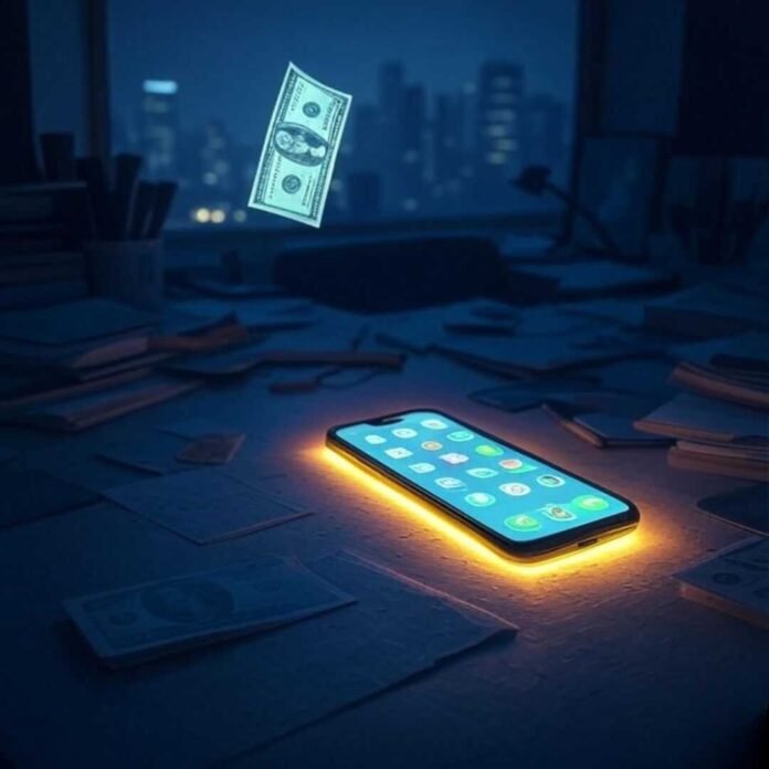 Late-night brainstorming in a cramped apartment: a cluttered desk glows under a smartphone's bright screen, a dollar bill floats mysteriously in the dim light, with a dreamlike city skyline in the distance.