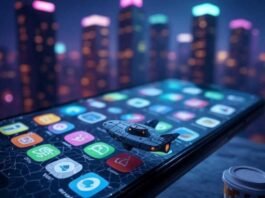 Discovering Truly Unique Mobile Apps You’ve Likely Never Seen A cracked smartphone screen with obscure app icons, featuring a tiny spaceship and pixelated coffee cup, set against a neon-lit cityscape with muted purples, teals, and neon orange.
