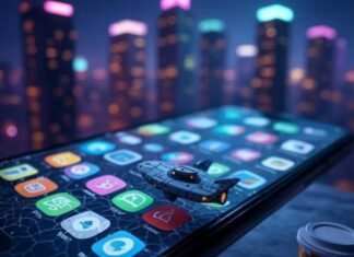 Discovering Truly Unique Mobile Apps You’ve Likely Never Seen A cracked smartphone screen with obscure app icons, featuring a tiny spaceship and pixelated coffee cup, set against a neon-lit cityscape with muted purples, teals, and neon orange.