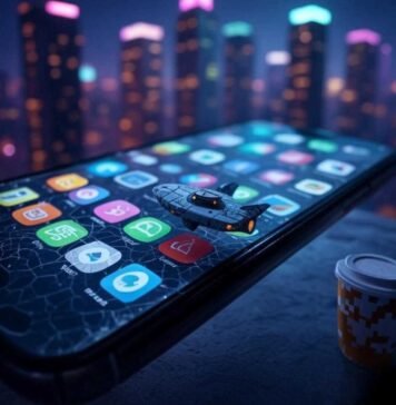Discovering Truly Unique Mobile Apps You’ve Likely Never Seen A cracked smartphone screen with obscure app icons, featuring a tiny spaceship and pixelated coffee cup, set against a neon-lit cityscape with muted purples, teals, and neon orange.