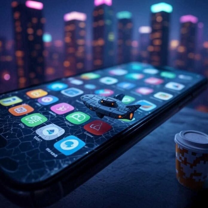 A cracked smartphone screen with obscure app icons, featuring a tiny spaceship and pixelated coffee cup, set against a neon-lit cityscape with muted purples, teals, and neon orange.