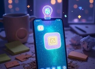 Best AI Apps for Android That Feel Like Magic A slightly blurred photorealistic image of an Android phone displaying a glowing AI app, with a holographic assistant flickering above. The messy desk features a tipped-over coffee mug, crumpled sticky notes, and pixelated sparkles, illuminated by neon purple, muted olive green, and burnt orange tones.