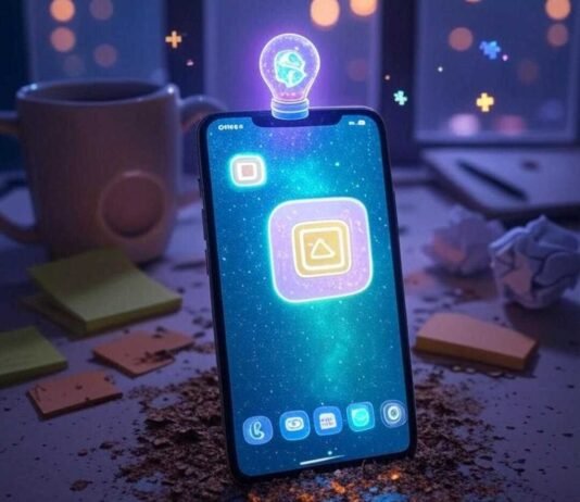 Best AI Apps for Android That Feel Like Magic A slightly blurred photorealistic image of an Android phone displaying a glowing AI app, with a holographic assistant flickering above. The messy desk features a tipped-over coffee mug, crumpled sticky notes, and pixelated sparkles, illuminated by neon purple, muted olive green, and burnt orange tones.