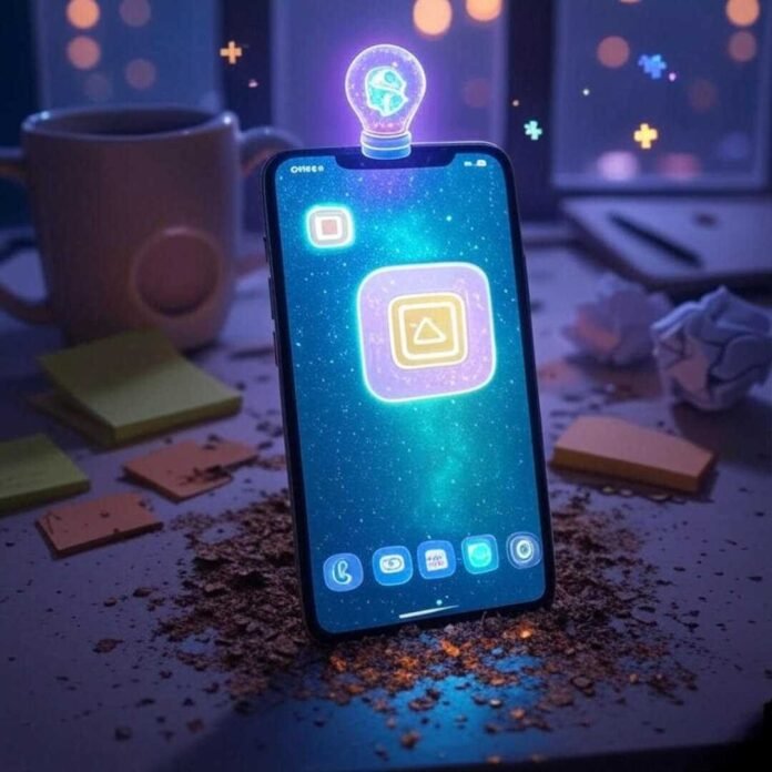 A slightly blurred photorealistic image of an Android phone displaying a glowing AI app, with a holographic assistant flickering above. The messy desk features a tipped-over coffee mug, crumpled sticky notes, and pixelated sparkles, illuminated by neon purple, muted olive green, and burnt orange tones. A slightly blurred photorealistic image of an Android phone displaying a glowing AI app, with a holographic assistant flickering above. The messy desk features a tipped-over coffee mug, crumpled sticky notes, and pixelated sparkles, illuminated by neon purple, muted olive green, and burnt orange tones.