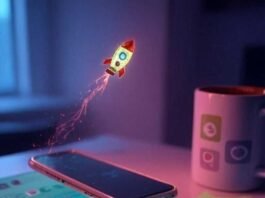 Top Apps Every Entrepreneur Needs on Their Phone A high-res, slightly blurred photorealistic shot of a cluttered desk with a glowing smartphone, a half-spilled coffee mug, and a crumpled sticky note with app icons, featuring a tiny pixelated rocket ship floating above, in a muted neon palette of faded pinks, greens, and blues.