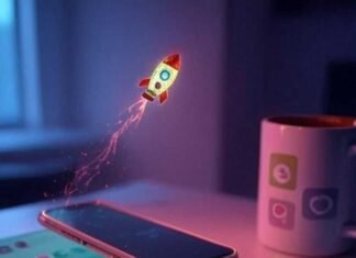 Top Apps Every Entrepreneur Needs on Their Phone A high-res, slightly blurred photorealistic shot of a cluttered desk with a glowing smartphone, a half-spilled coffee mug, and a crumpled sticky note with app icons, featuring a tiny pixelated rocket ship floating above, in a muted neon palette of faded pinks, greens, and blues.