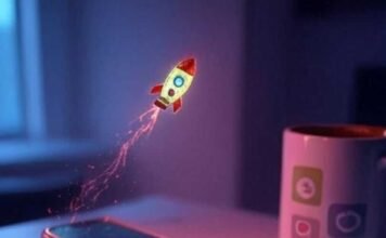 Top Apps Every Entrepreneur Needs on Their Phone A high-res, slightly blurred photorealistic shot of a cluttered desk with a glowing smartphone, a half-spilled coffee mug, and a crumpled sticky note with app icons, featuring a tiny pixelated rocket ship floating above, in a muted neon palette of faded pinks, greens, and blues.