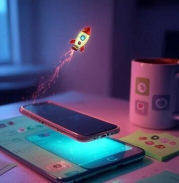 Top Apps Every Entrepreneur Needs on Their Phone A high-res, slightly blurred photorealistic shot of a cluttered desk with a glowing smartphone, a half-spilled coffee mug, and a crumpled sticky note with app icons, featuring a tiny pixelated rocket ship floating above, in a muted neon palette of faded pinks, greens, and blues.