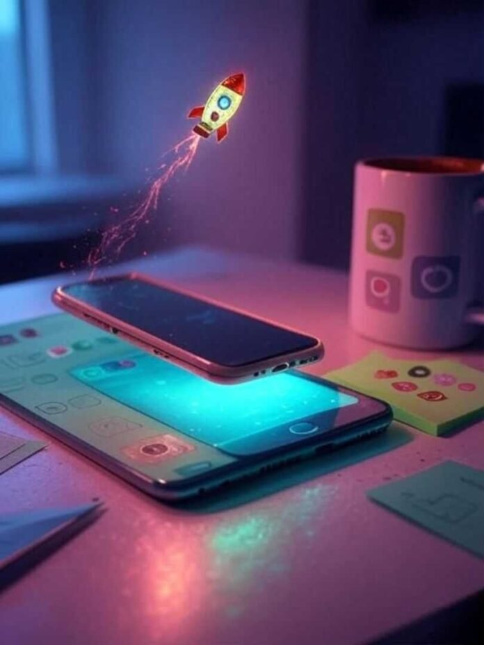 A high-res, slightly blurred photorealistic shot of a cluttered desk with a glowing smartphone, a half-spilled coffee mug, and a crumpled sticky note with app icons, featuring a tiny pixelated rocket ship floating above, in a muted neon palette of faded pinks, greens, and blues.