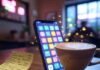 20 Useful Apps That’ll Change the Way You Live Alt text: A slightly blurred smartphone screen glowing with colorful app icons floats like fireflies in a cozy, dimly lit coffee shop. Nearby, a half-spilled latte with a foam heart sits next to a crumpled Post-it note listing app names, with muted neon pinks, greens, and purples against a beige background, evoking tech's promise and chaos.