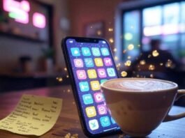 20 Useful Apps That’ll Change the Way You Live Alt text: A slightly blurred smartphone screen glowing with colorful app icons floats like fireflies in a cozy, dimly lit coffee shop. Nearby, a half-spilled latte with a foam heart sits next to a crumpled Post-it note listing app names, with muted neon pinks, greens, and purples against a beige background, evoking tech's promise and chaos.