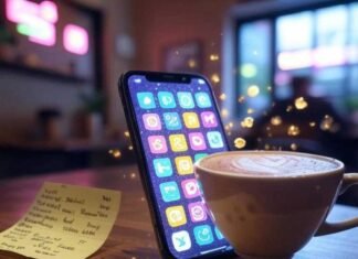20 Useful Apps That’ll Change the Way You Live Alt text: A slightly blurred smartphone screen glowing with colorful app icons floats like fireflies in a cozy, dimly lit coffee shop. Nearby, a half-spilled latte with a foam heart sits next to a crumpled Post-it note listing app names, with muted neon pinks, greens, and purples against a beige background, evoking tech's promise and chaos.