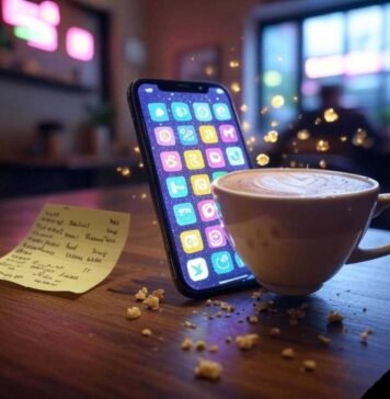 20 Useful Apps That’ll Change the Way You Live Alt text: A slightly blurred smartphone screen glowing with colorful app icons floats like fireflies in a cozy, dimly lit coffee shop. Nearby, a half-spilled latte with a foam heart sits next to a crumpled Post-it note listing app names, with muted neon pinks, greens, and purples against a beige background, evoking tech's promise and chaos.