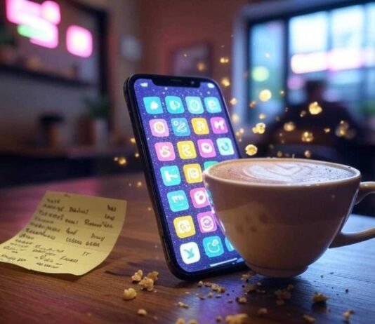 20 Useful Apps That’ll Change the Way You Live Alt text: A slightly blurred smartphone screen glowing with colorful app icons floats like fireflies in a cozy, dimly lit coffee shop. Nearby, a half-spilled latte with a foam heart sits next to a crumpled Post-it note listing app names, with muted neon pinks, greens, and purples against a beige background, evoking tech's promise and chaos.