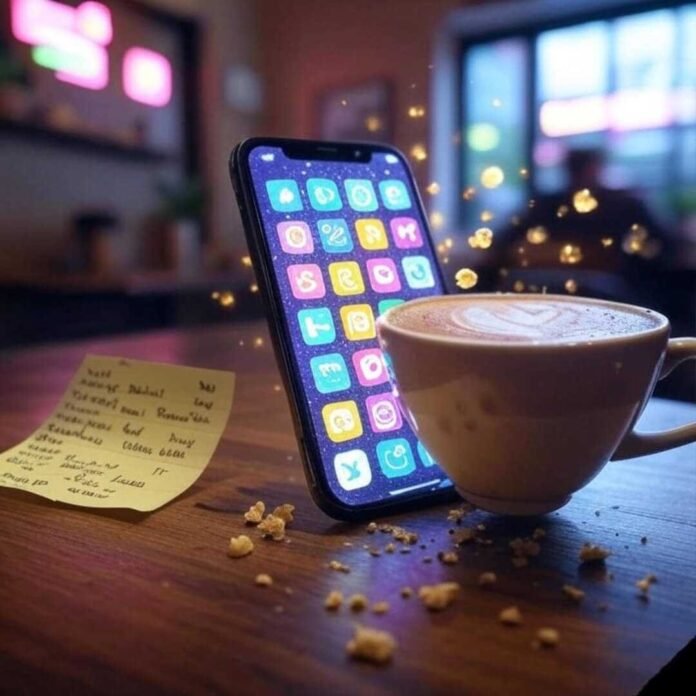 Alt text: A slightly blurred smartphone screen glowing with colorful app icons floats like fireflies in a cozy, dimly lit coffee shop. Nearby, a half-spilled latte with a foam heart sits next to a crumpled Post-it note listing app names, with muted neon pinks, greens, and purples against a beige background, evoking tech's promise and chaos.