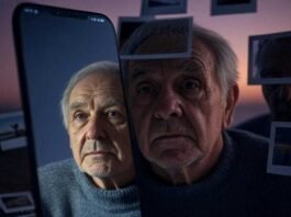 See Your Future: Exploring the Fascinating World of AI Age Progression Apps Alt text: A slightly blurred, photorealistic image of a distorted mirror reflecting an older face, with a glowing smartphone screen in the foreground. Scattered polaroids of various life stages and a faint clock ticking in the background add depth. The muted purple-orange sunset palette evokes a cautiously optimistic yet uneasy vibe, captioned "My future self staring back through an AI age progression app, equal parts hope and dread."