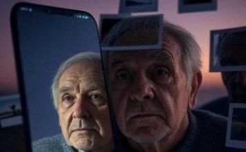 See Your Future: Exploring the Fascinating World of AI Age Progression Apps Alt text: A slightly blurred, photorealistic image of a distorted mirror reflecting an older face, with a glowing smartphone screen in the foreground. Scattered polaroids of various life stages and a faint clock ticking in the background add depth. The muted purple-orange sunset palette evokes a cautiously optimistic yet uneasy vibe, captioned "My future self staring back through an AI age progression app, equal parts hope and dread."