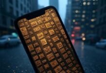 Best Secret Photo Vault Apps: Keep Your Private Pics Safe on iPhone & Android "Foggy glimpse of a tilted smartphone screen with encrypted thumbnails, reflecting rainy NYC chaos."
