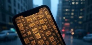 Best Secret Photo Vault Apps: Keep Your Private Pics Safe on iPhone & Android "Foggy glimpse of a tilted smartphone screen with encrypted thumbnails, reflecting rainy NYC chaos."