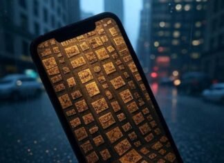 Best Secret Photo Vault Apps: Keep Your Private Pics Safe on iPhone & Android "Foggy glimpse of a tilted smartphone screen with encrypted thumbnails, reflecting rainy NYC chaos."