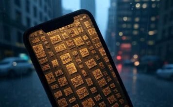 Best Secret Photo Vault Apps: Keep Your Private Pics Safe on iPhone & Android "Foggy glimpse of a tilted smartphone screen with encrypted thumbnails, reflecting rainy NYC chaos."