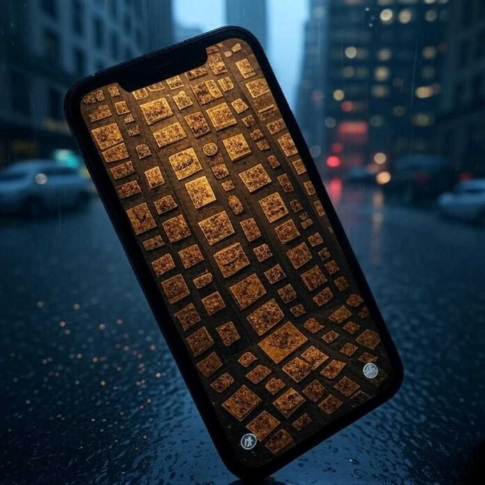 "Foggy glimpse of a tilted smartphone screen with encrypted thumbnails, reflecting rainy NYC chaos."