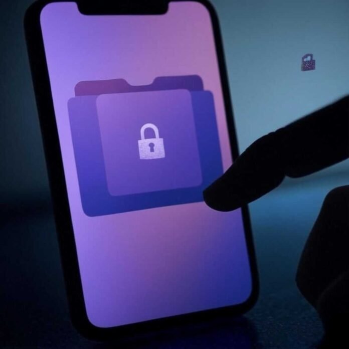 Alt text: Slightly blurred smartphone screen with a locked folder icon, a hand shadow shielding it, faint digital glitch background, and a tiny pixelated padlock, featuring muted purples, deep blues, and neon green accents.