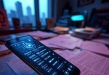 Top Apps That Hide Other Apps – Stay Discreet "Tilted phone on a cluttered Seattle desk, displaying a glitchy vault app in neon shadows, hinting at digital secrecy."