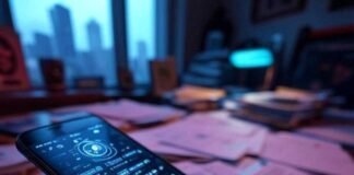 Top Apps That Hide Other Apps – Stay Discreet "Tilted phone on a cluttered Seattle desk, displaying a glitchy vault app in neon shadows, hinting at digital secrecy."